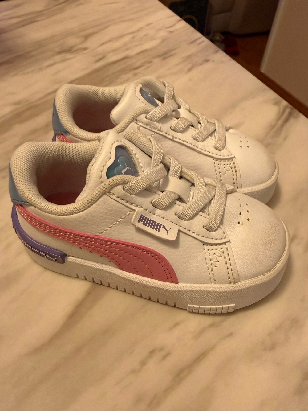 Puma Kids White Sneakers with Pink Stripe and Purple Heel